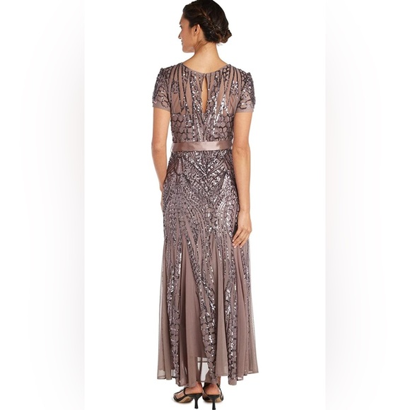 R&M Richards Mocha Short Sleeved Embellished Sequins Gown. - Picture 2 of 3